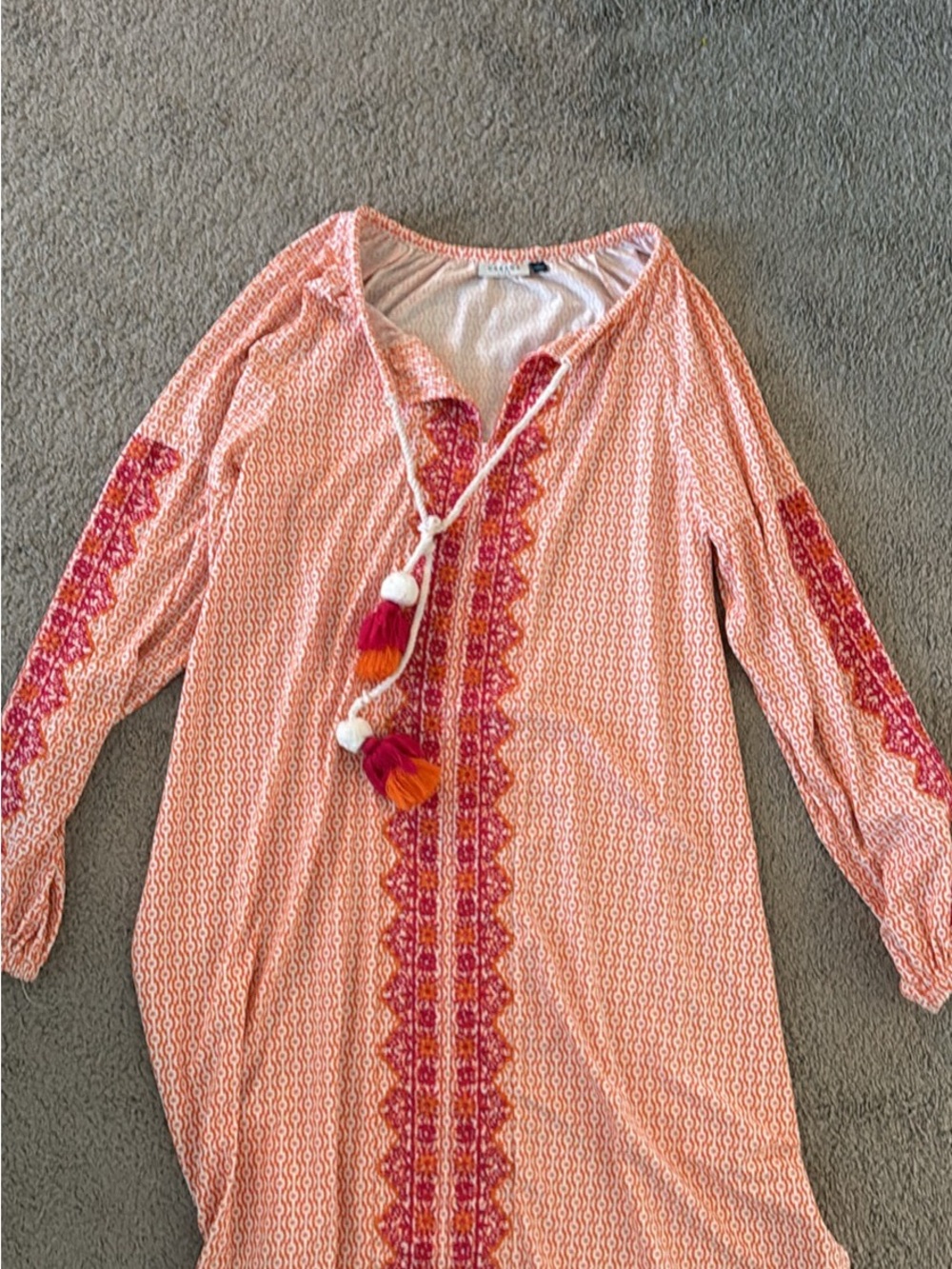 Cabana Life Peach-Pink Embroidered Boho Tunic with Tassel Detail